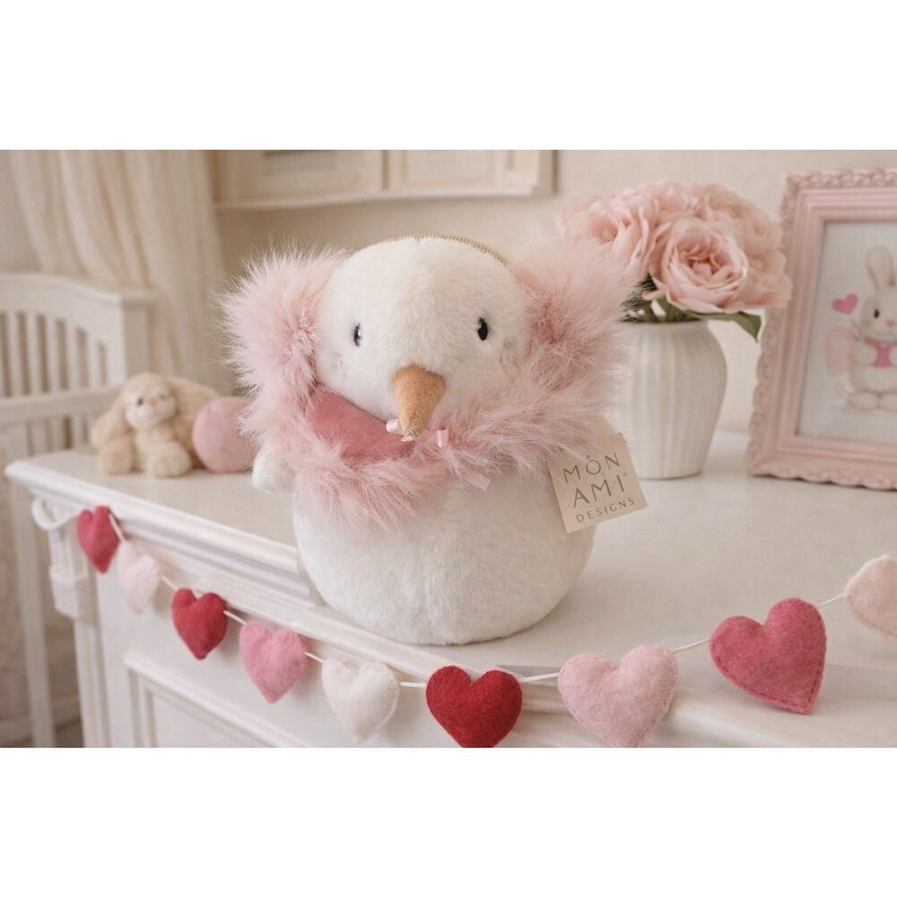 Mon Ami Designs Plush Bird w/ Pink Faux Fur Scarf Made in UK Decor Soft